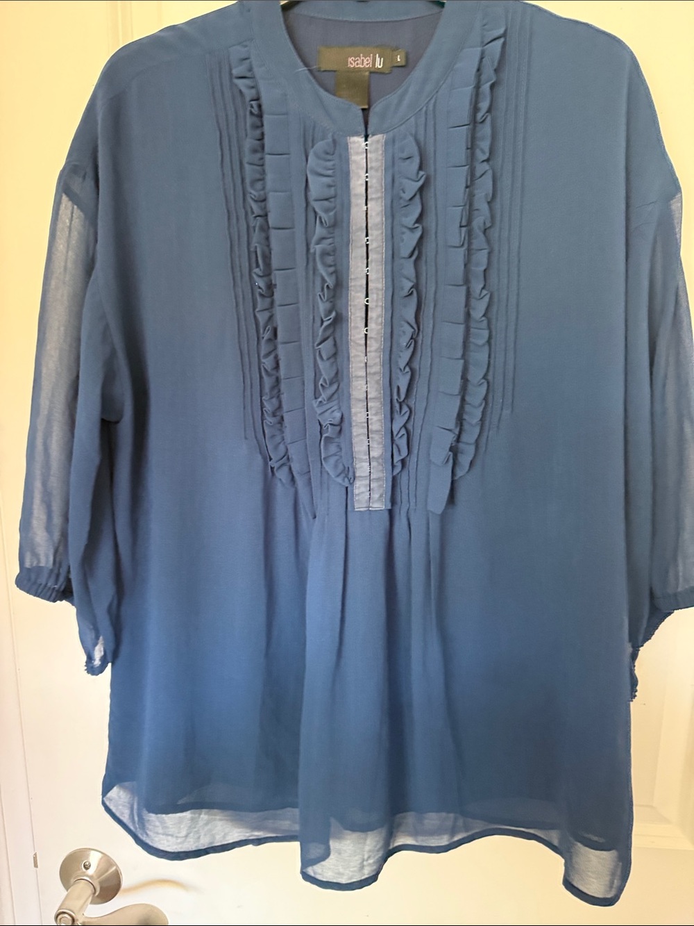 Navy Ruffle Split-Neck Women's Blouse - Picture 7 of 7